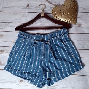 Paperbag denim mom jean high rise shorts w/ stripes & rolled up hem